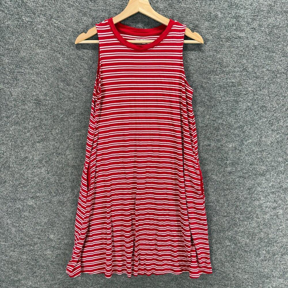 Time And Tru Dress Women M Medium Red Striped Shift Midi Sleeveless Rayon Casual